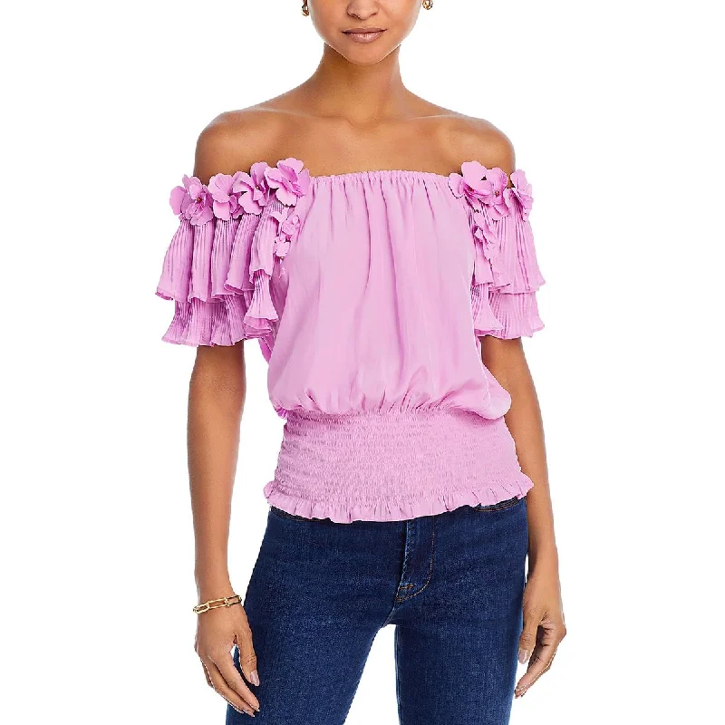 Ramy Brook Womens Braelynn Applique Pleated Blouse Chic Wrap Blouse