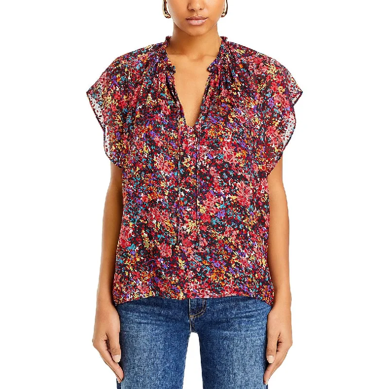 Ramy Brook Womens Floral Print Ruffled Blouse Sleeveless Chiffon Blouse