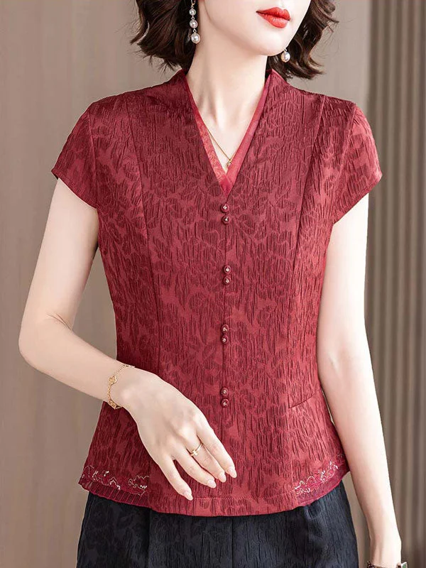 Red Black Jacquard Mothers V Neck Blouse Top Chic Wrap Blouse
