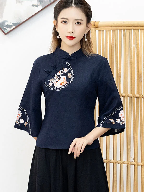 Two Piece Red Blue Bell Sleeve Cheongsam Qi Pao Blouse Top Peter Pan Collar Blouse