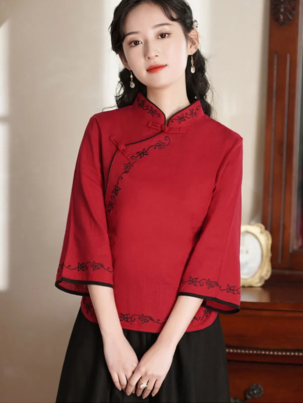 Red Blue Embroidered Linen Cheongsam Blouse Top Relaxed Fit Blouse