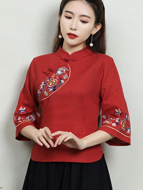 Red Embroidered Linen Qipao Cheongsam Blouse Top Double-Layered Blouse