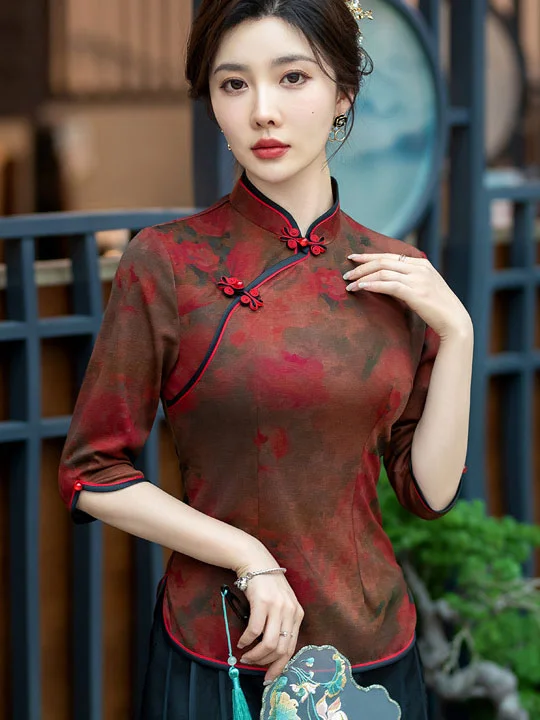 Red Floral Print Mothers Cheongsam Blouse Top Lightweight Floral Blouse