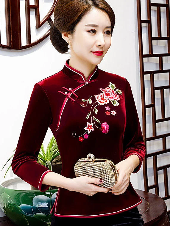 Red Purple Embroidered Velvet Cheongsam Blouse Top Silky Draped Blouse