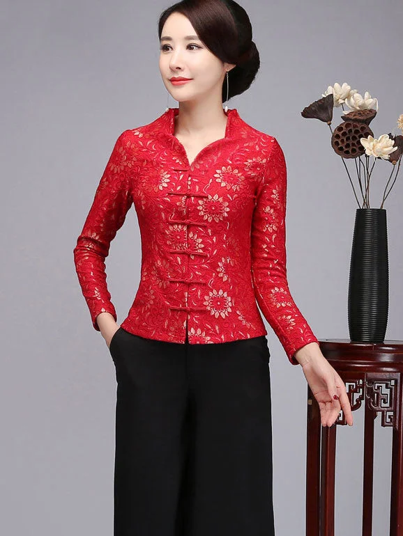 Red Purple Mother's Lace Cheongsam Blouse Top Versatile Layering Blouse