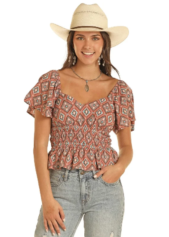 Rock & Roll Cowgirl Women's Rose/Mauve Aztec Print Flutter Sleeve Blouse BW51T03908 Boho Chic Blouse