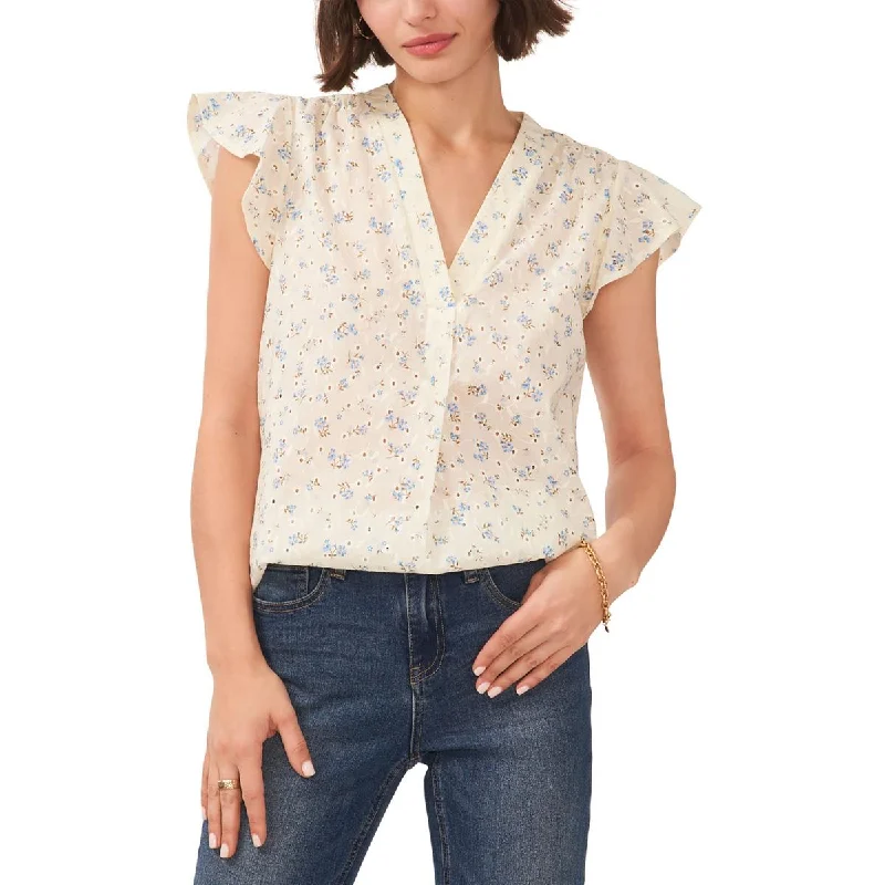 Sam and Jess Womens Floral Print Eyelet Blouse Wrap Front Blouse