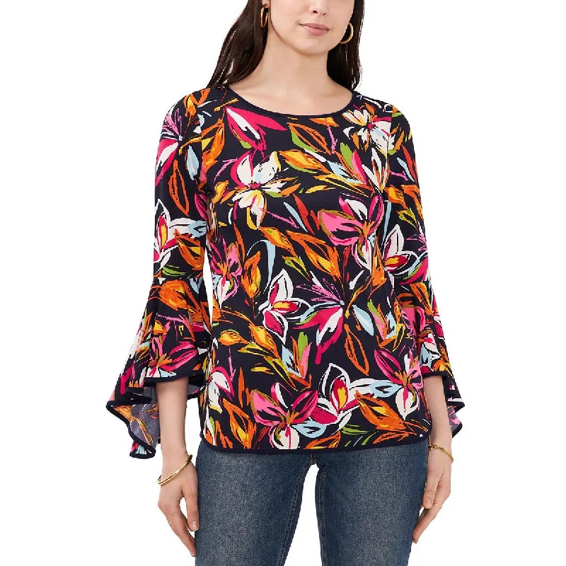 Sam & Jess Womens Floral Print Bell Sleeve Blouse Ruched Sleeve Blouse