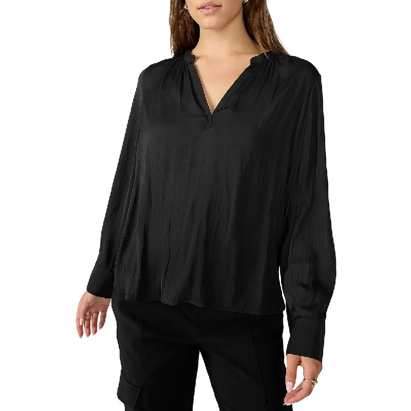 Sanctuary Womens Satin V Neck Blouse Mandarin Collar Blouse