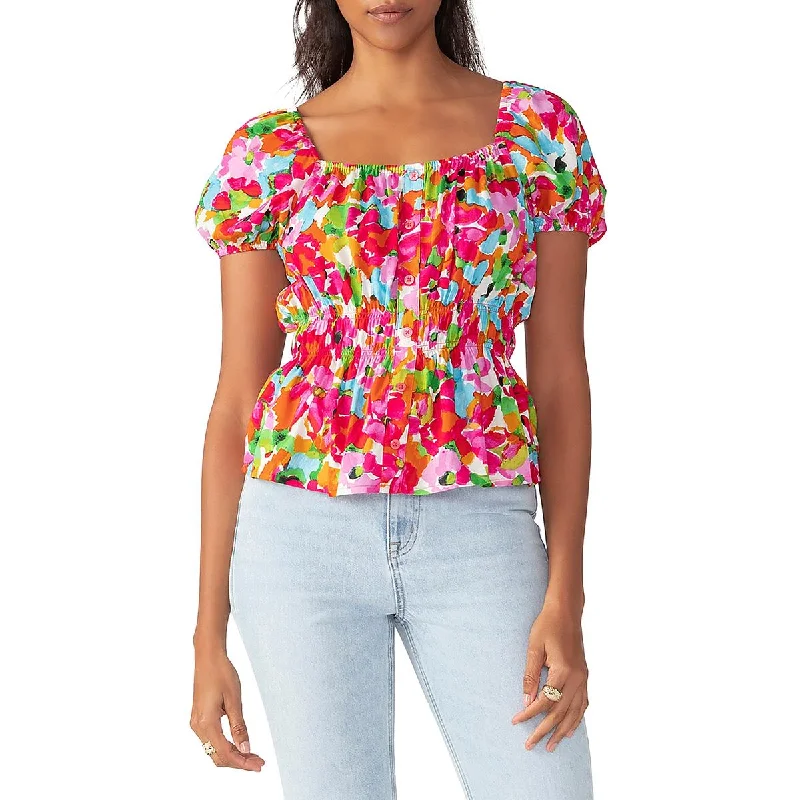 Sanctuary Womens Smocked Button Front Blouse Chic Off-Shoulder Blouse