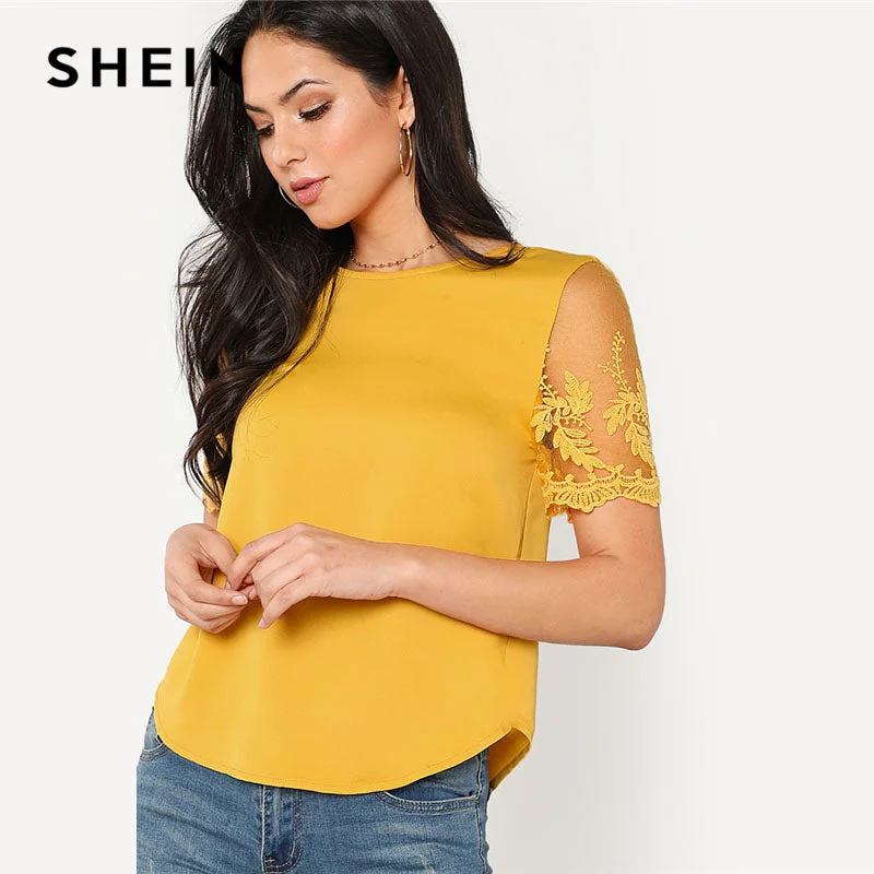 SHEIN Ginger Flower Mesh Sleeve Blouse Women Round Neck Short Sleeve Curved Hem Casual Top Summer Elegant Blouse Soft Knit Blouse SHEIN Ginger Flower Mesh Sleeve Blouse Women Round Neck Short Sleeve Curved Hem Casual Top Summer Elegant Blouse Soft Knit Blouse