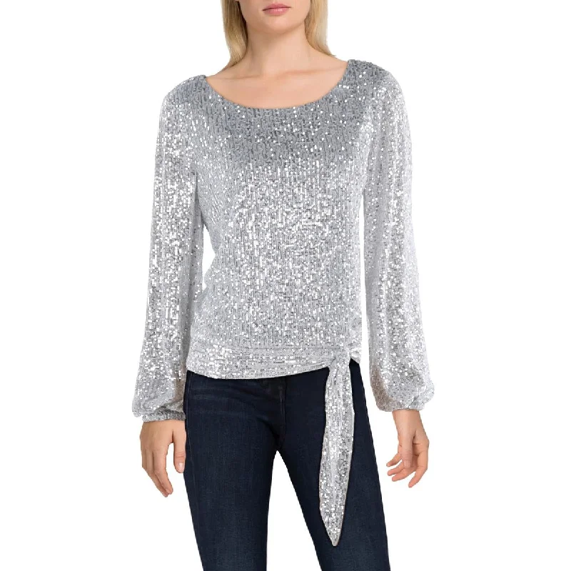 Tahari ASL Womens Sequined Tie Front Blouse Elegant Silk Blouse