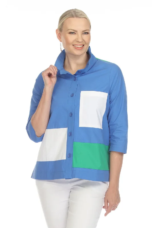 Terra Wire Collar Blue Colorblock Blouse Gathered Detail Blouse