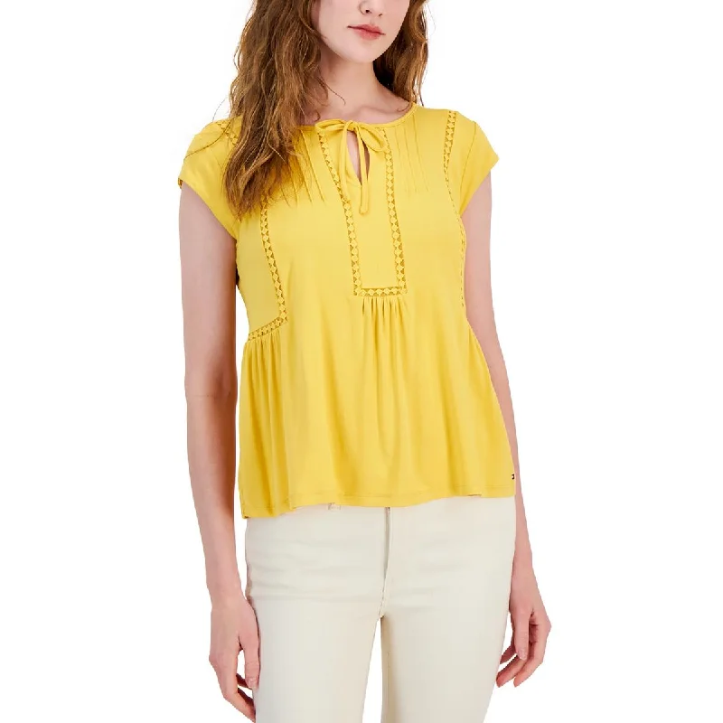 Tommy Hilfiger Womens Embroidered Tie Neck Blouse Everyday Stylish Blouse