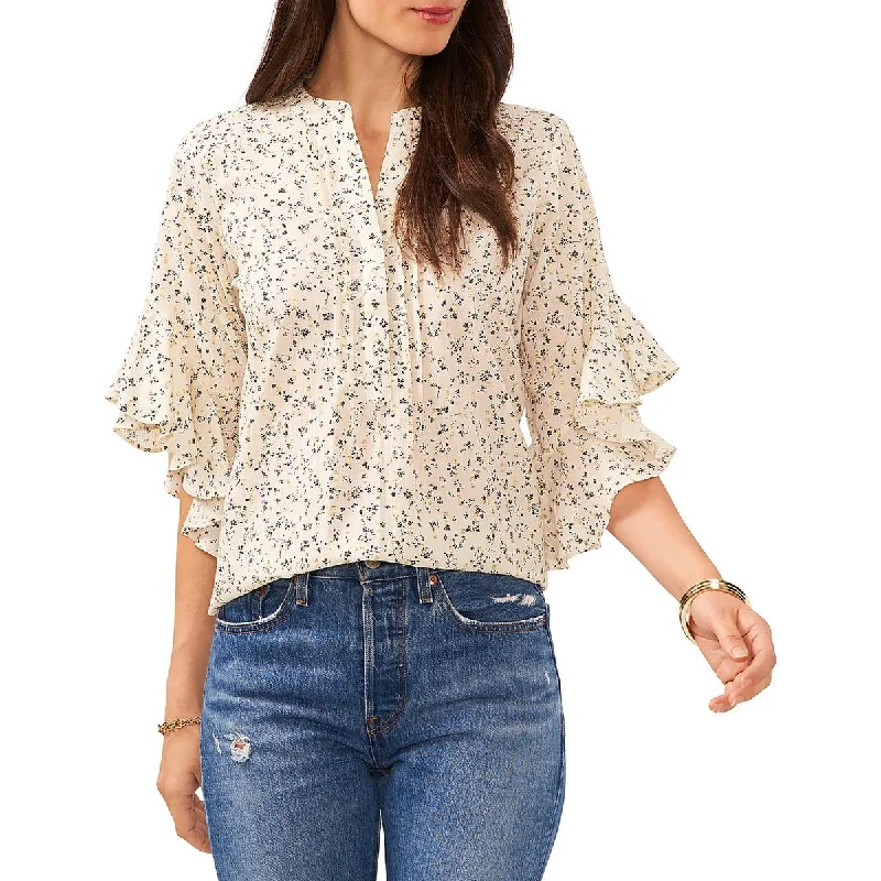 Vince Camuto Womens Floral Print Pintuck Blouse Embroidered Cotton Blouse