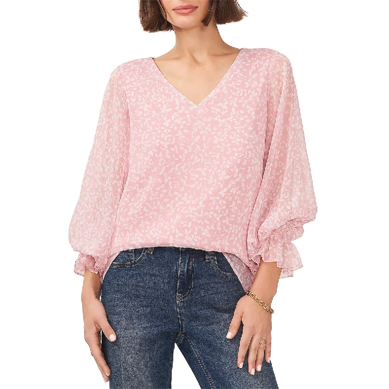 Vince Camuto Womens Floral Print V-Neck Blouse Side Tie Blouse