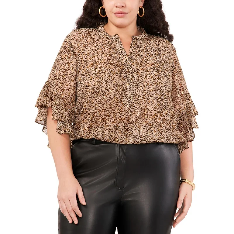 Vince Camuto Womens Plus Animal Print Split Neck Blouse Chic Sleeveless Blouse