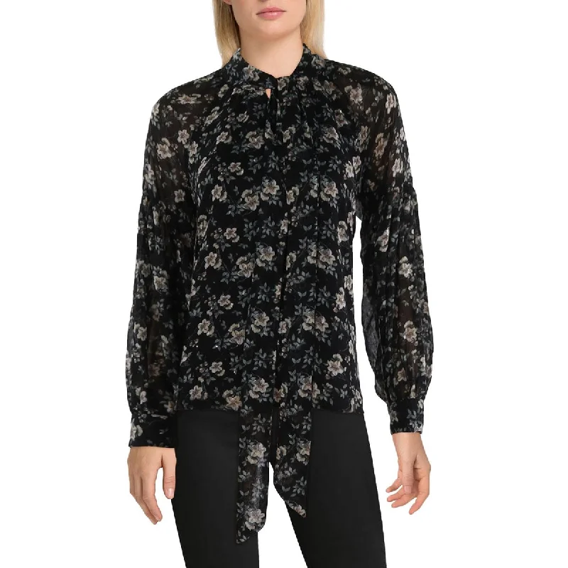 Vince Camuto Womens Tie Neck Metallic Blouse Vintage Lace Blouse