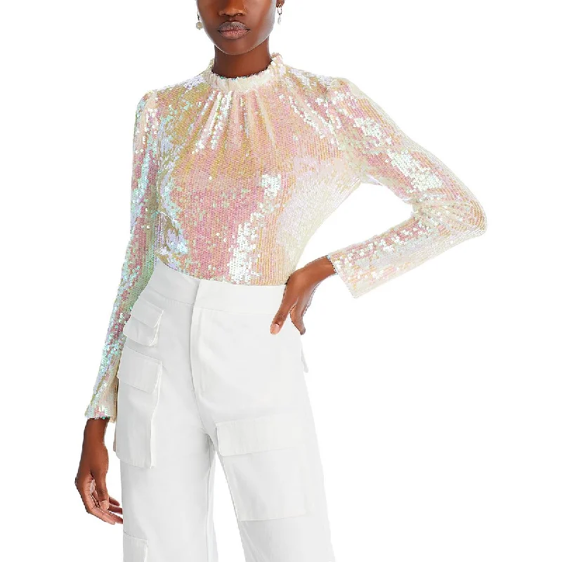 WAYF Womens Mira Sequin Sequined Blouse High Neck Blouse