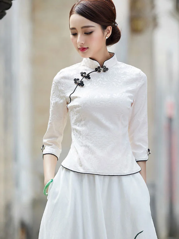 White Black Jacquard Qipao / Cheongsam Top Blouse Mandarin Collar Blouse