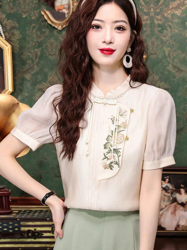 White Embroidered Chiffon Blouse Top Pastel Color Blouse
