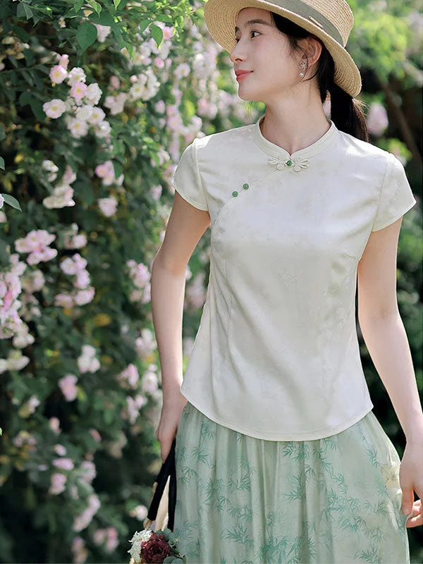 White Jacquard Floral Cheongsam Blouse Top High Neck Blouse