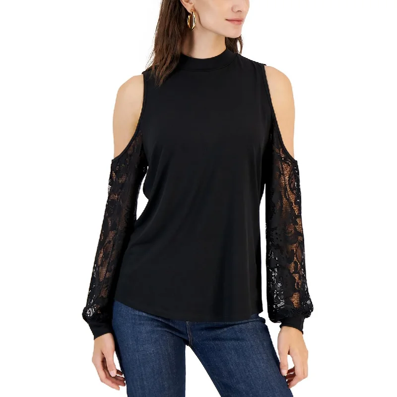 Willow Drive Womens Lace Trim Cold Shoulder Blouse Modern Oversized Blouse