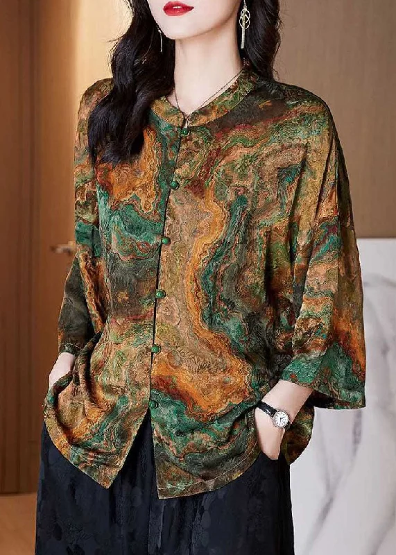 Women Brown Stand Collar Button Print Patchwork Silk Blouse Top Summer Modern Oversized Blouse Women Brown Stand Collar Button Print Patchwork Silk Blouse Top Summer Modern Oversized Blouse