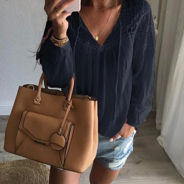 Women's Loose Fit Lace Crochet V-Neck Blouse Double Button Blouse