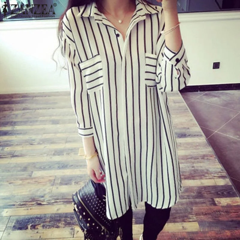 Women's Lapel 3/4 Sleeve Striped Long Blouse Boho Chic Blouse