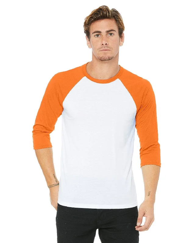 Bella+Canvas Unisex Triblend 3/4-Sleeve Baseball T-Shirt | Wht/ Neon Orange Terry Blend Velvet Blend Canvas Blend
