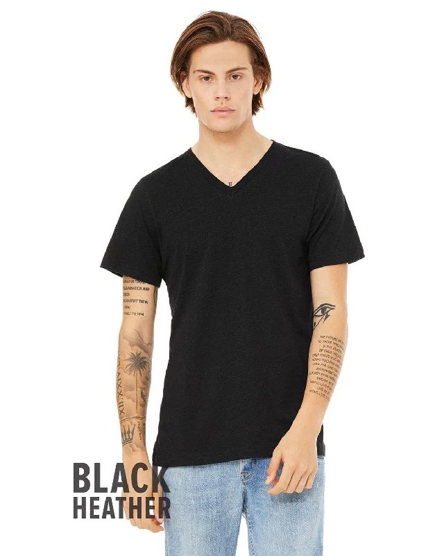 Bella+Canvas Unisex V-Neck T-Shirt | Black Heather Striped Floral Plaid