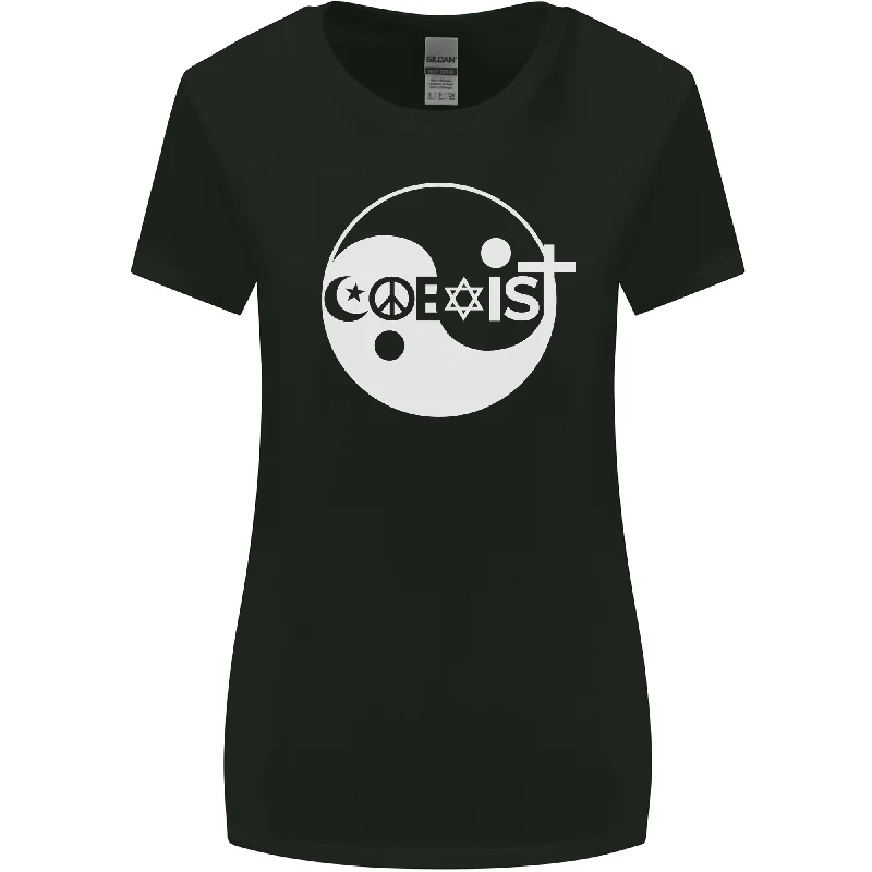 Coexist World Peace Love Religion Hippy Anti War Womens Wider Cut T-Shirt Print Jacquard Patchwork