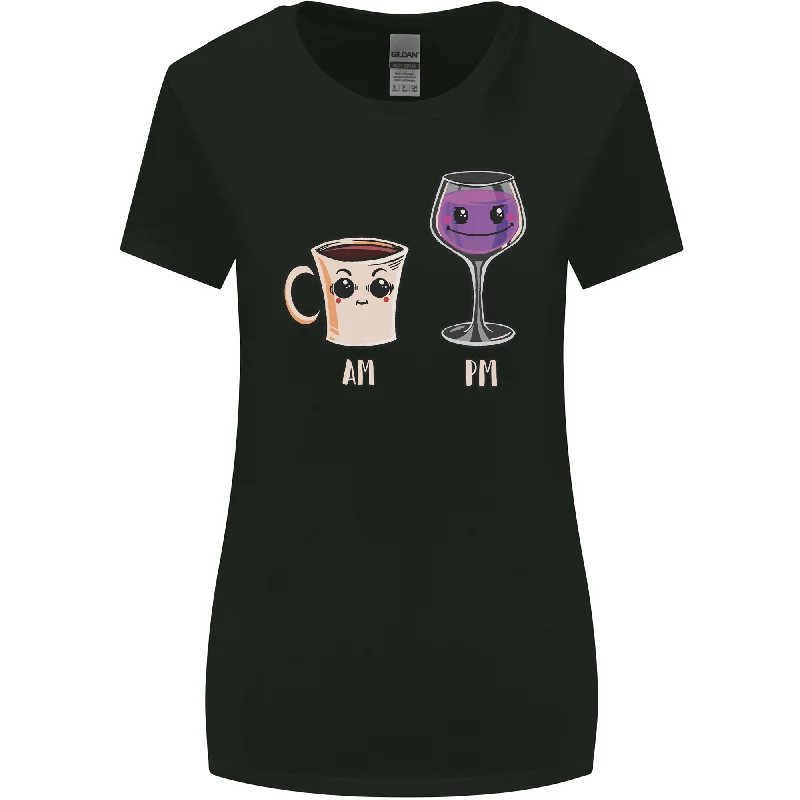 Coffee am Wine pm Funny Alcohol Prosecco Womens Wider Cut T-Shirt Asymmetrical Pockets Print Coffee am Wine pm Funny Alcohol Prosecco Womens Wider Cut T-Shirt Asymmetrical Pockets Print