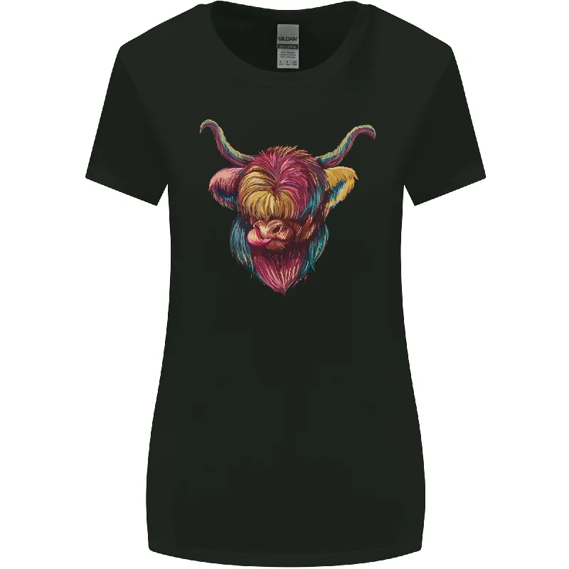 Colourful Highland Cow Womens Wider Cut T-Shirt Elasticated Padded Insulated