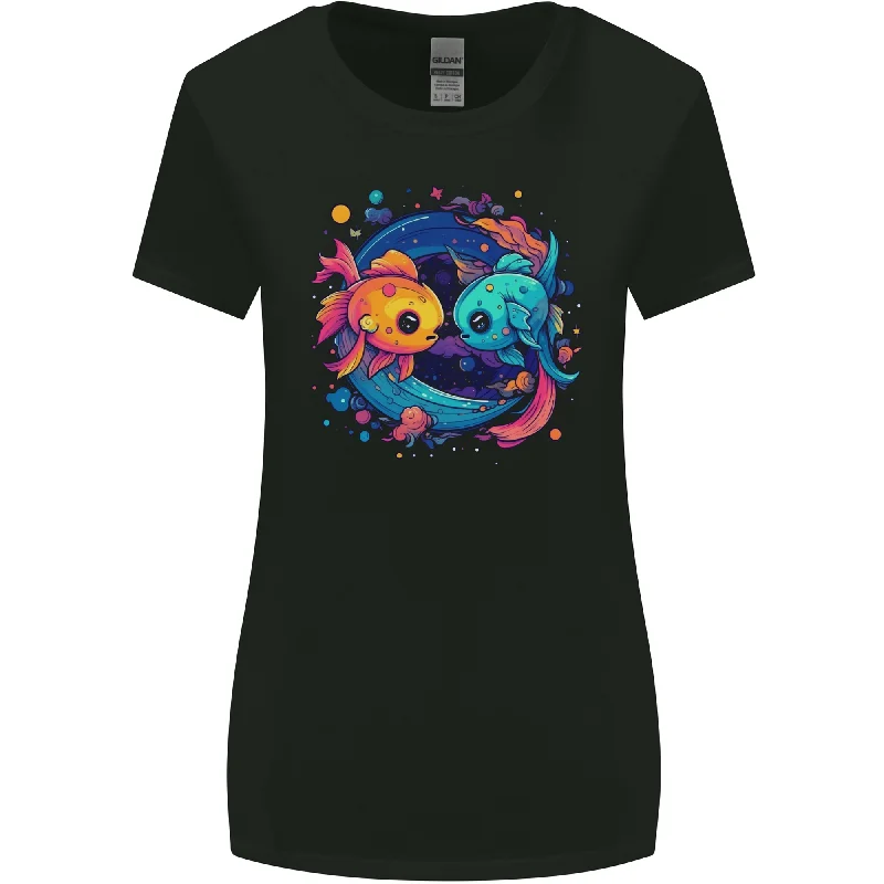 Colourful Kawaii Pisces Star Sign Zodiac Fish Womens Wider Cut T-Shirt Polka Dot Checkered Tartan