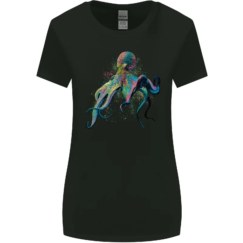 Colourful Octopus Ocean Life Scuba Diving Womens Wider Cut T-Shirt Embroidered Appliqued Beaded