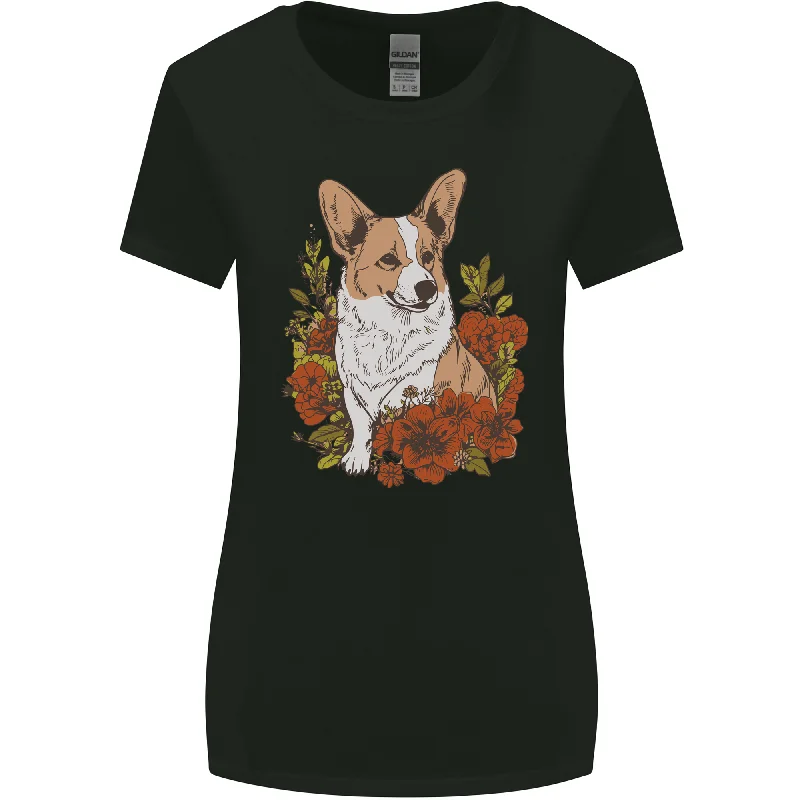 Corgi Dog With Flowers Womens Wider Cut T-Shirt Graphic T-Shirt Round Neck Polyester Corgi Dog With Flowers Womens Wider Cut T-Shirt Graphic T-Shirt Round Neck Polyester