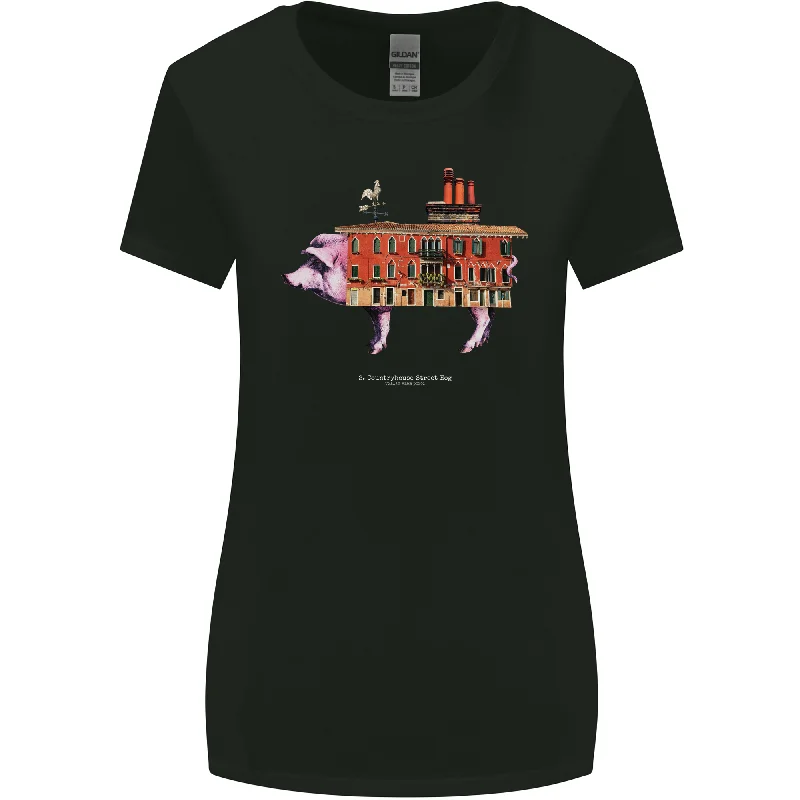 Country House Street Pig Womens Wider Cut T-Shirt Embroidered Appliqued Beaded