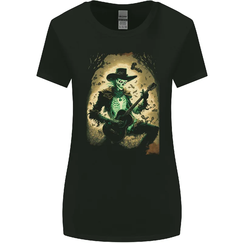 Cowboy Rock Skull Country Music Guitar Womens Wider Cut T-Shirt Beaded Sequined Faux Fur
