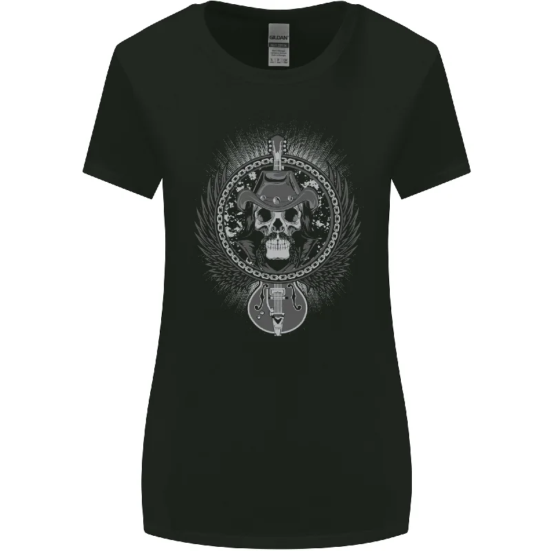 Cowboy Rock Skull Guitar Country Music Womens Wider Cut T-Shirt Lace Blend Ribbed Blend Corduroy Blend