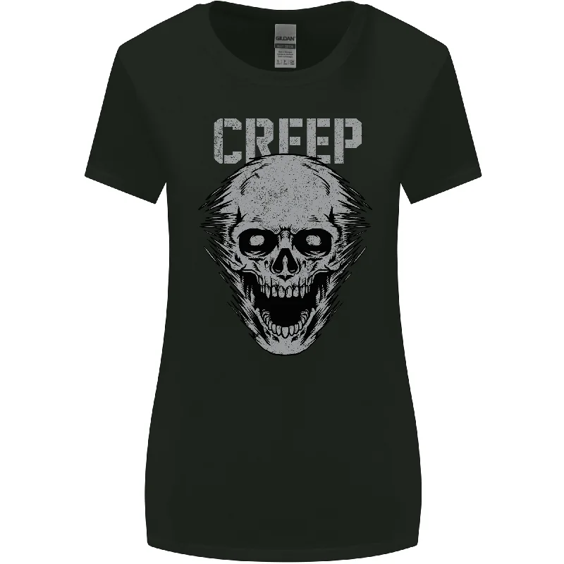 Creep Human Skull Gothic Rock Music Metal Womens Wider Cut T-Shirt Collared Crew Neck Turtle Neck