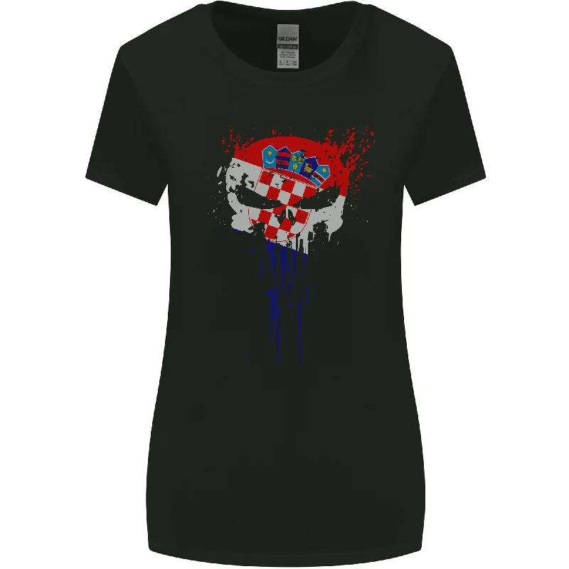 Croatia Skull Gym Training Bodybuilding Womens Wider Cut T-Shirt Hooded Caped Shawl Collar