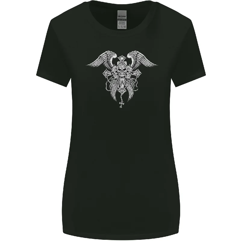 Cross Skull Wings Gothic Biker Heavy Metal Womens Wider Cut T-Shirt Chenille Brocade Lace Cross Skull Wings Gothic Biker Heavy Metal Womens Wider Cut T-Shirt Chenille Brocade Lace