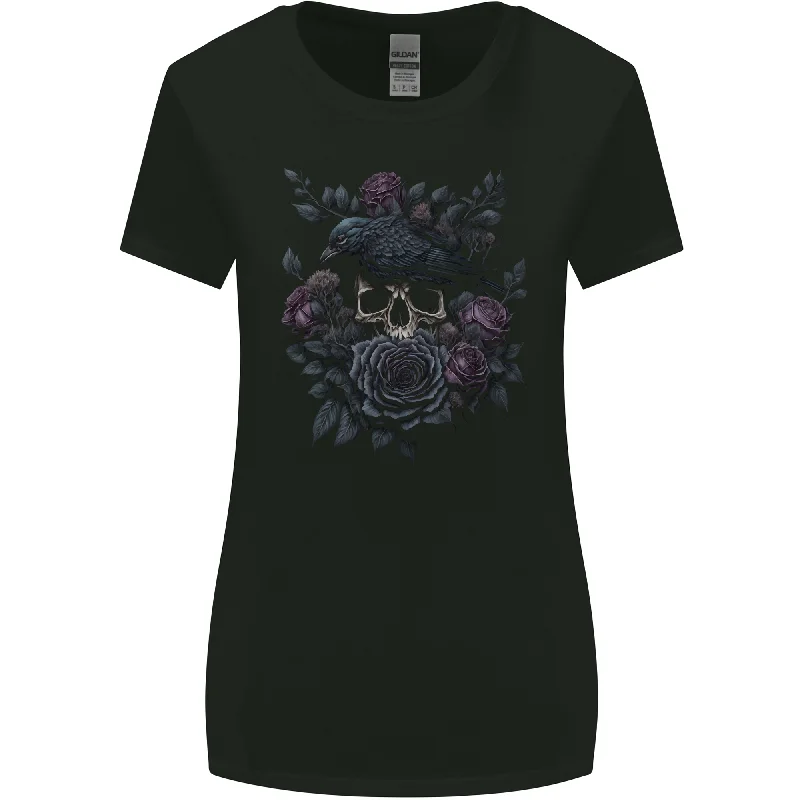 Crow & Skull With Flowers Gothic Goth Raven Womens Wider Cut T-Shirt Striped Floral Plaid Crow & Skull With Flowers Gothic Goth Raven Womens Wider Cut T-Shirt Striped Floral Plaid