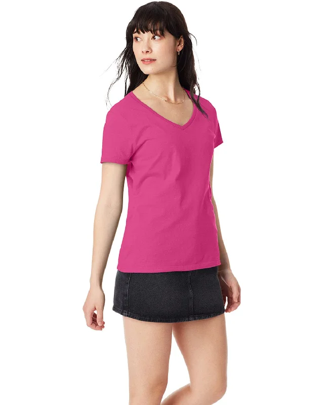 Hanes Ladies Ringspun Cotton Nano V-Neck T-Shirt | Wow Pink Lace Blend Ribbed Blend Corduroy Blend