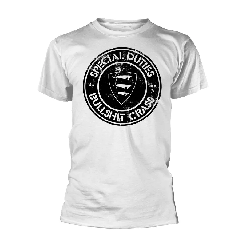 Special Duties Unisex T-shirt: Bullshit Crass (White) Asymmetrical Pockets Print