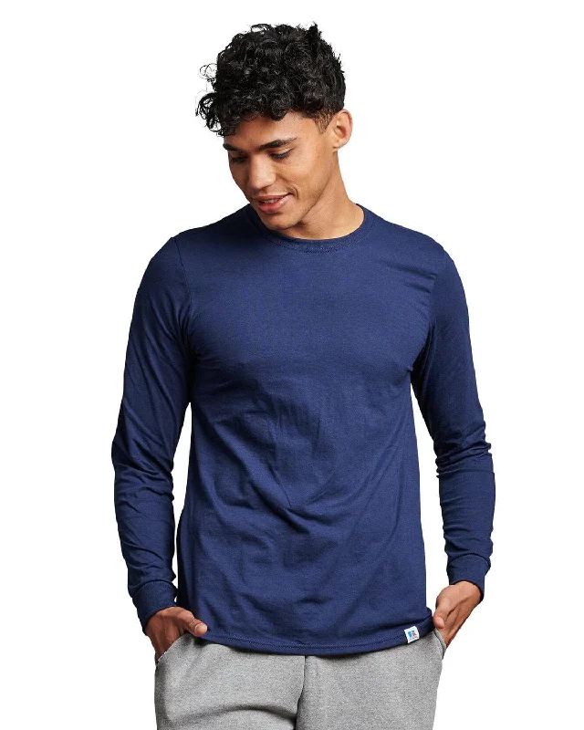 Russell Athletic Unisex Essential Performance Long-Sleeve T-Shirt | Navy Plaid T-Shirt Polka Dot Checkered