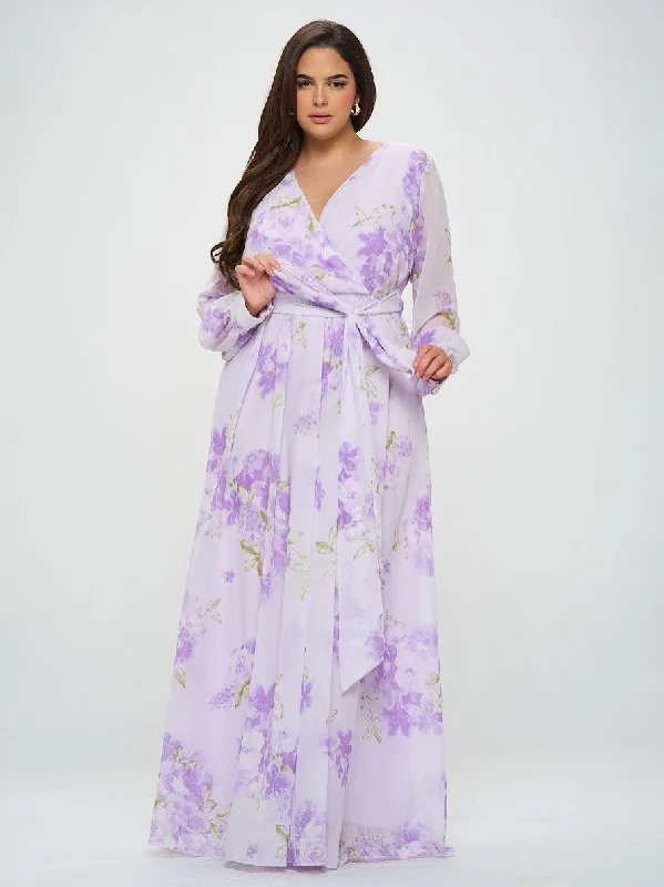Abigail Plus Size Chiffon Maxi Dress in Lilac Floral Stylish Pleated A-Line Maxi Dress