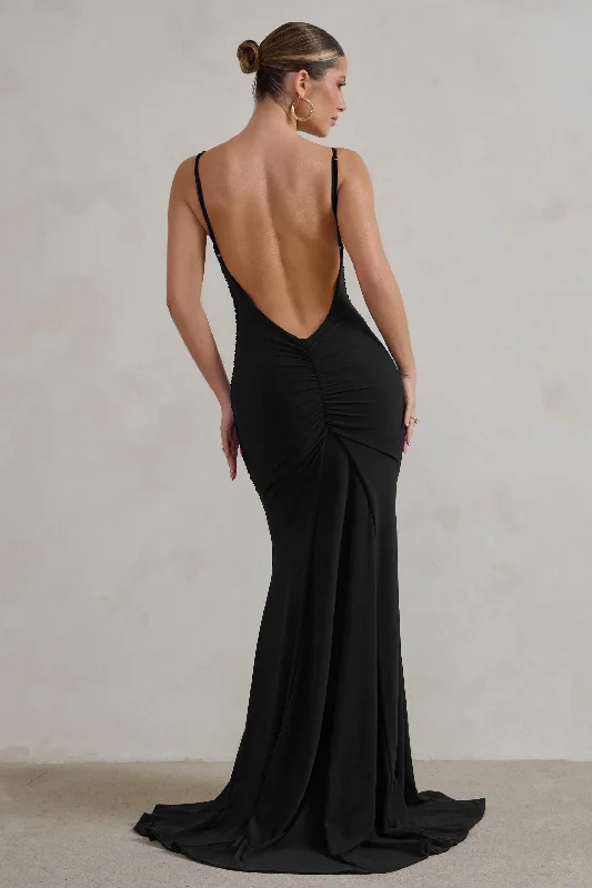 Adele | Black Ruched Fishtail Cami Maxi Dress Comfortable Casual Maxi Dress